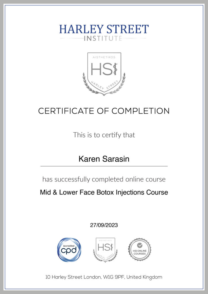 Nurse Karen certificate mid lower face botox injections