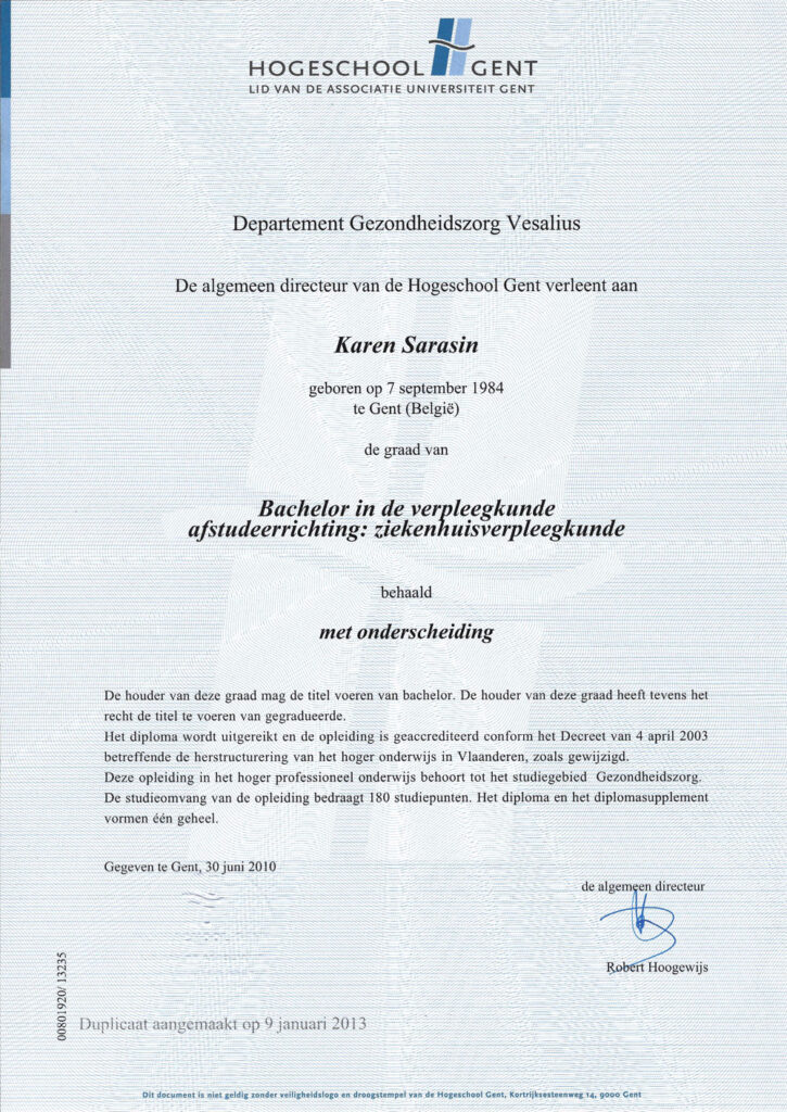 Karen Sarasin Diploma verpleegkunde